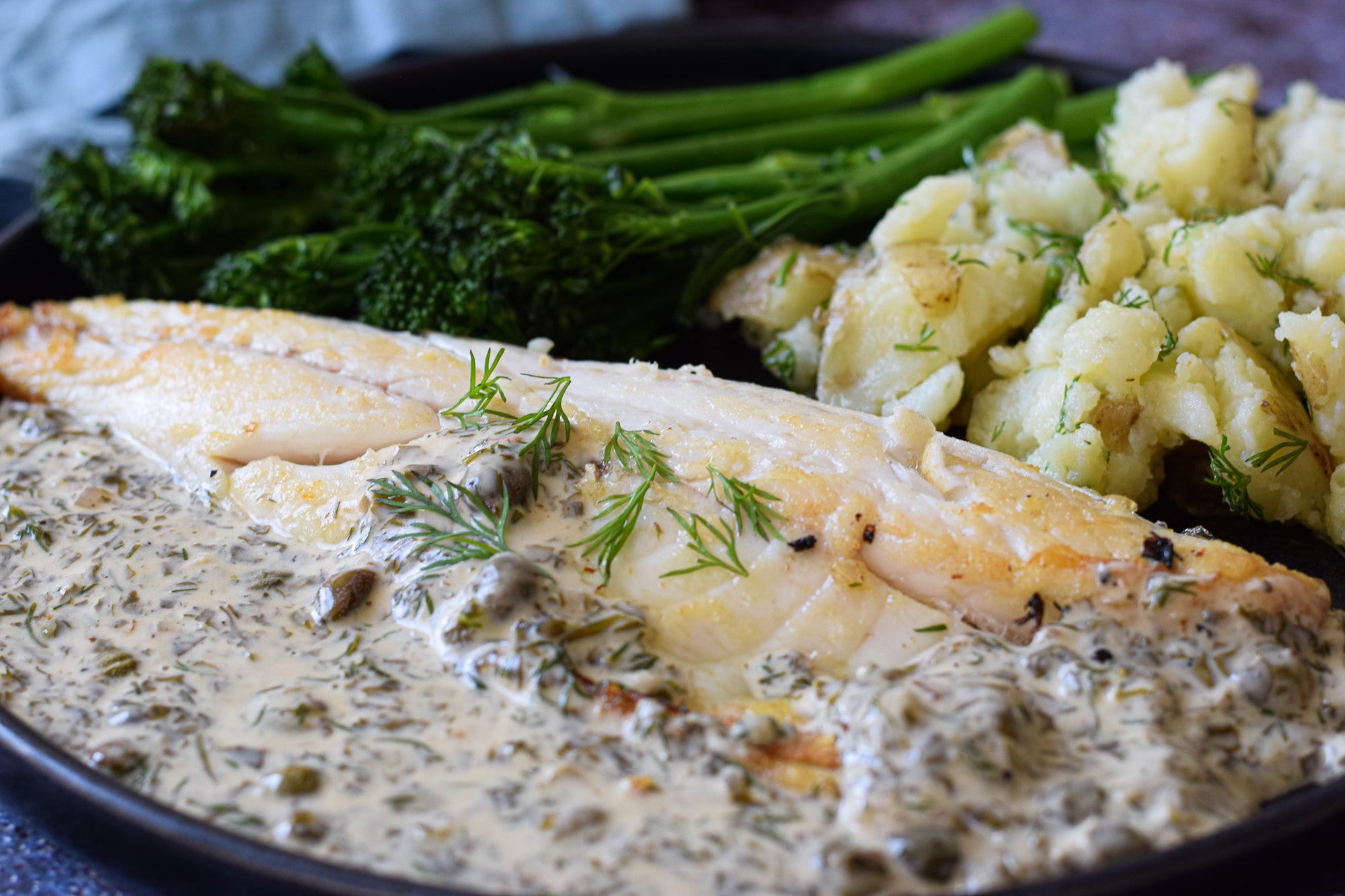 Pan Fried Sea Bass with Laverbread and Dill sauce